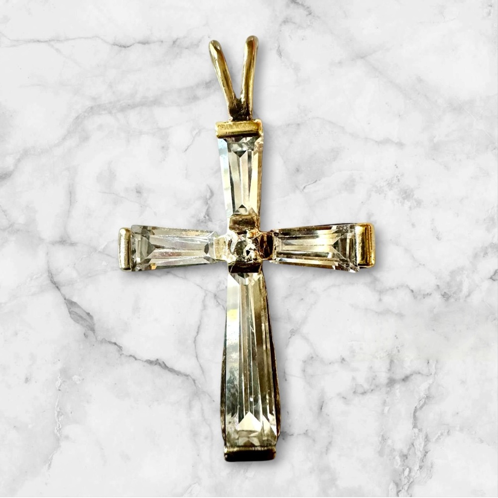 Clear Crystal Cross Vintage Vermeil Sterling Silver Charm Pendant 2.2 grams